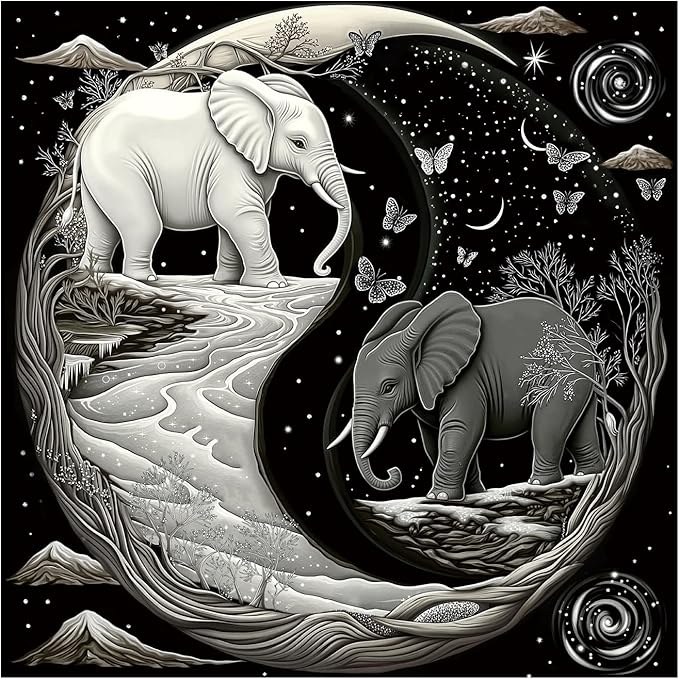 Elephant Moon Yin Yang Puzzle 1000 Piece for Adults, Stars River Tree Fantasy Jigsaw Puzzle, Galaxy Butterfly Mountains Animals Puzzles