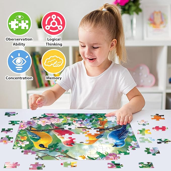 100 Piece Puzzles for Adults - Birds and Flowers Large Piece Puzzles for Senior Adults Kids Puzzle Ages 5-8 Jigsaw Puzzles, Random Die Cut, No 2 Pieces Alike, Birds on Branches 15" x 11"