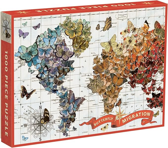 Galison Wendy Gold Butterfly Migration Puzzle, 1000+ Pieces, 20” x 27'' - Vibrantly Illustrated Image of Butterflies Over a World Map - Thick, Sturdy Pieces - Perfect for Family Fun