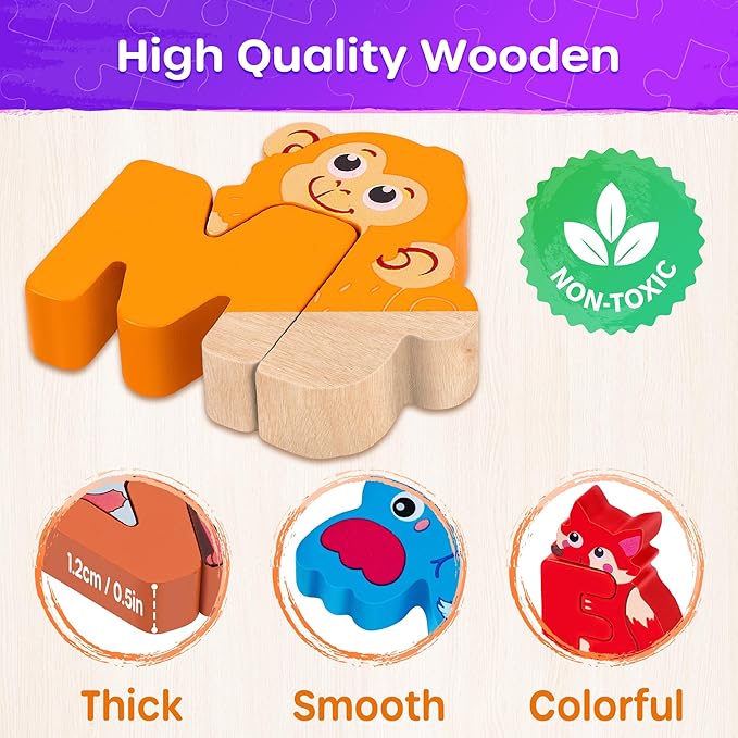 SYNARRY Wooden Alphabet Puzzle, 52 Pieces ABC Puzzles for Kids Ages 3-5, Alphabet ABC Letter Blocks Puzzles for Toddlers 2-4, Animals Letter Matching Preschool Learning Toys, Easter Gifts for Kids