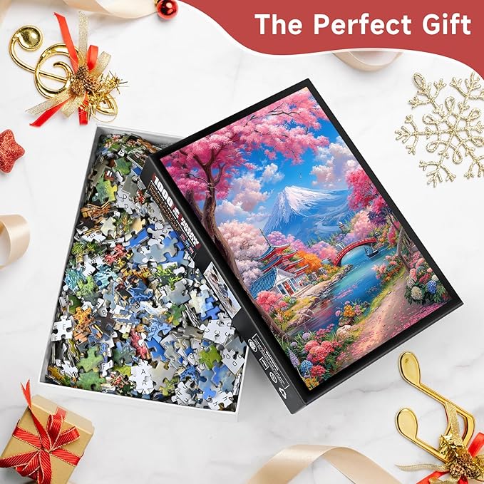 Mount Fuji Cherry Blossom 1000 Piece Puzzle for Adults - Japanese Landscape Art, Vibrant Spring Scene, Poster & Lettered Back, 20"x28" HD, Gift for Travel & Nature Lovers