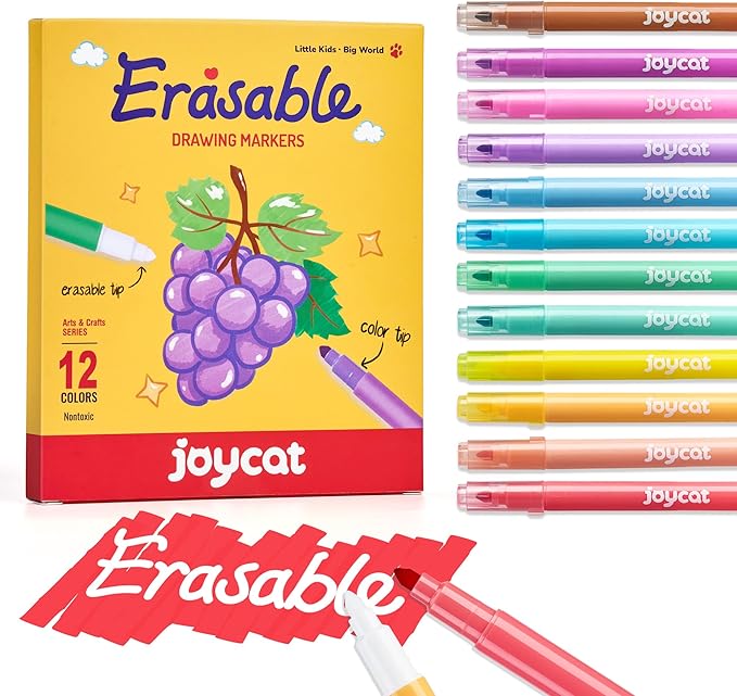 JoyCat 12 Pack Erasable Markers for Kids, Magic Double-Ended Pens with Color Tip & Eraser Tip, Water-Based No Bleed Art Markers, Creative Vanishing Markers for School Projects & Journaling