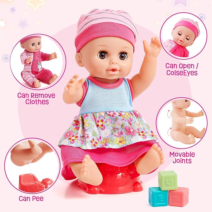 Golray 12in Girl Baby Doll Crib and High Chair Set - Sound&Pee Interactive Baby Doll with 20pcs Accessories Diaper Bag/Cradle/2 Clothes, Feeding Nursery Pretend Play Toddler Girl Toy Gift 3 4 5 6 Year