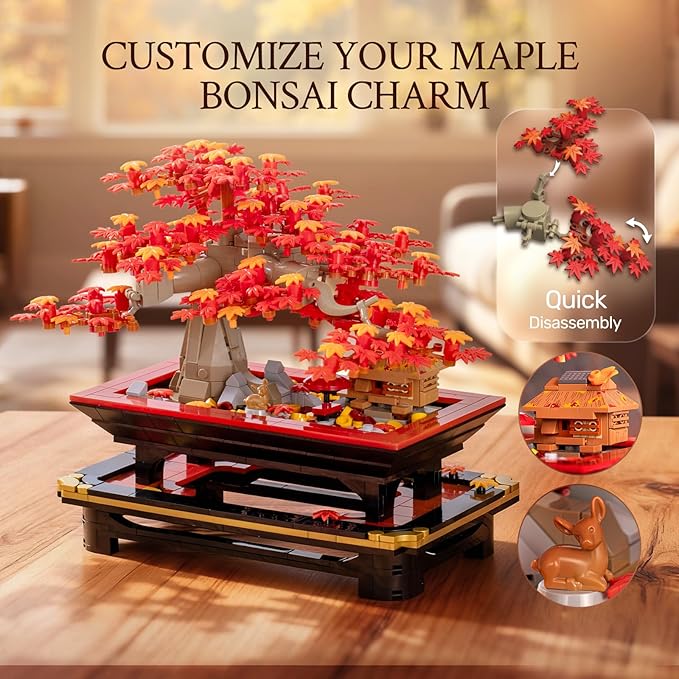 Wise Block Japanese Red Maple Bonsai Tree Building Toy Set for Adults - 900 Pcs Artificial Bonsai Tree Building Blocks for Adults, Easter Gift for Women Set Home Office Decor