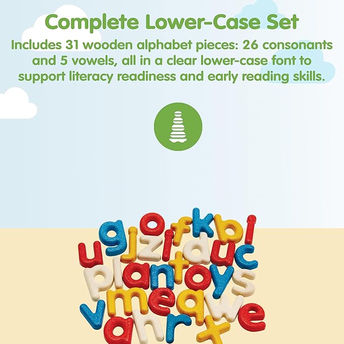 PlanToys® Lower Case Alphabet Wooden Learning Set for Kids Ages 3+ | Montessori Educational Resource for Literacy, Letter Recognition & Spelling | Eco-Friendly Early Language Development Tool