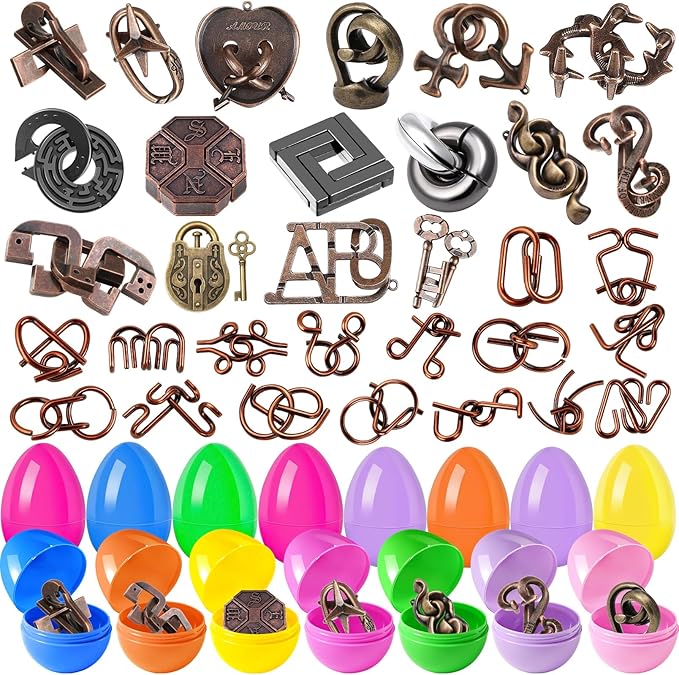 32 Pack Brain Teaser Puzzles & Colorful Easter Eggs - Challenging Metal Wire Puzzles for Kids & Adults - DIY Easter Basket Stuffers, Family Logic Games, Party Favors