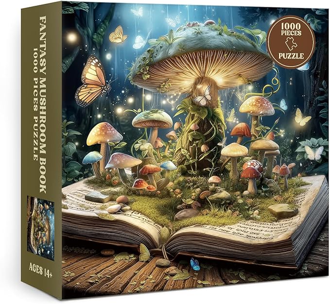 Fantasy Mushroom Book Puzzle 1000 Pieces for Adults, Magic Forest Fungi Plant Jigsaw Puzzles, Vintage Nature Butterfly Tree Puzzles