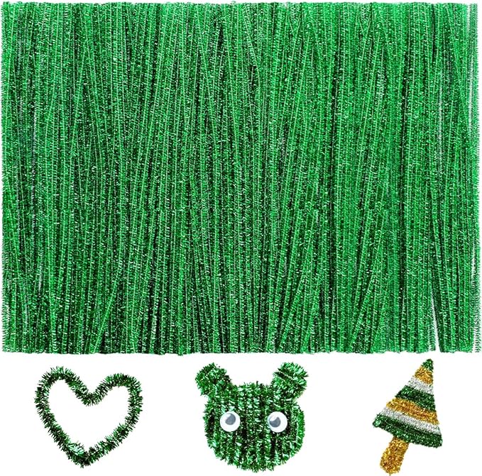 GAGANIU 200pcs Pipe Cleaners, Pipe Cleaners for Crafts, Craft Supplies Chenille Stems for Art&Craft Christmas DIY Projects(12inch*6mm,Green Glitter)