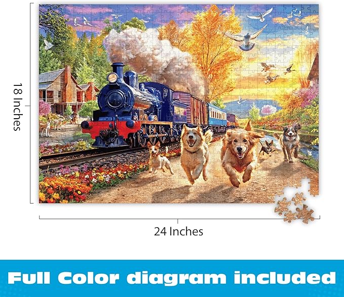 Buffalo Games 750 Piece Jigsaw Puzzle Angelo Bonito Racing The Train, Made in USA, Premium Recycled Board, Full-Color Poster, Giftable Dog Days Art