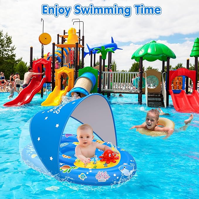 EZIGO Baby Pool Float with Canopy UPF50+ Sun Protection, Inflatable Kids Pool Floats with Ocean Animal Toys for Baby 6-36 Months, Infant Swimming Float with Adjustable Safety Seat for Boys Girls