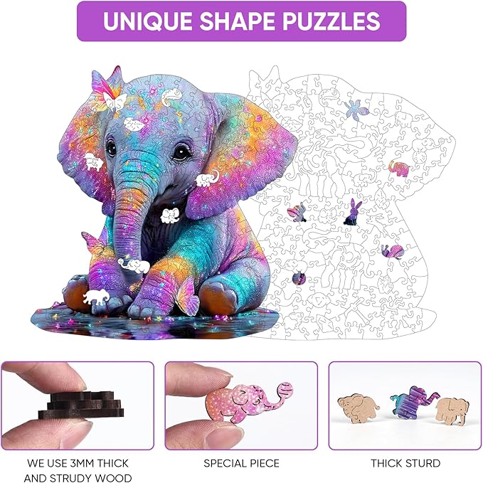 MEATRN Wooden Jigsaw Puzzle - Colorful Baby Elephant with Butterflies, 199 Pcs, 11.1x11.4 in, Animal Puzzles for Adults & Kids, Educational Brain Teaser Gift and Home Art Décor
