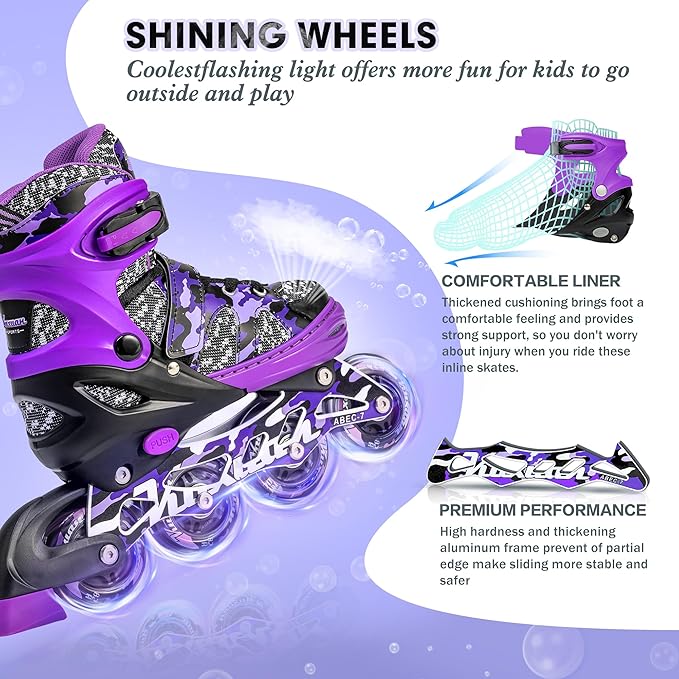 Kuxuan Boys Adjustable Inline Skates with Light up Wheels, Fun Illuminating Skates for Kids Girls Youth