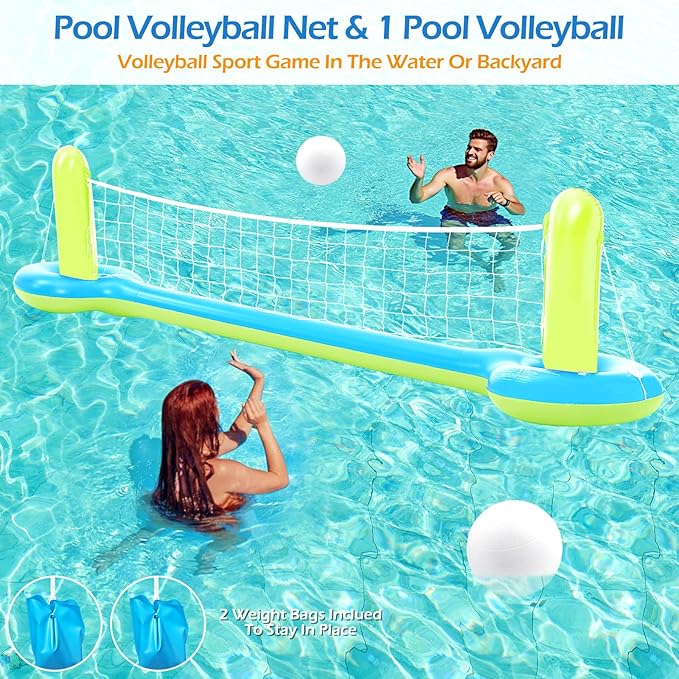 Jasonwell Pool Toys Games Set - 3 in 1 Pool Volleyball Net Basketball Hoop Ring Toss Game Inflatable Floats Water Floating Volleyball Swimming Pools Games Party Gift for Kids Adults (Blue&Yellow, XL)