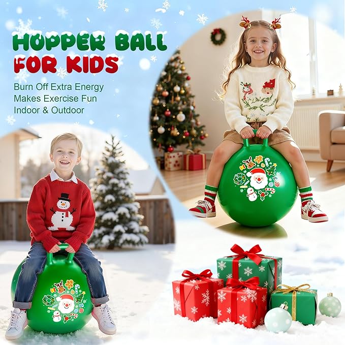 ZOOJOY Hopper Ball for Kids 3-8, 18 in Green Hippity Hop Balls, Bouncy Ball with Handle for Boys & Girls Indoor Outdoor Play, Inflatable Christmas Balls Bounce Hopping Toys with Pump