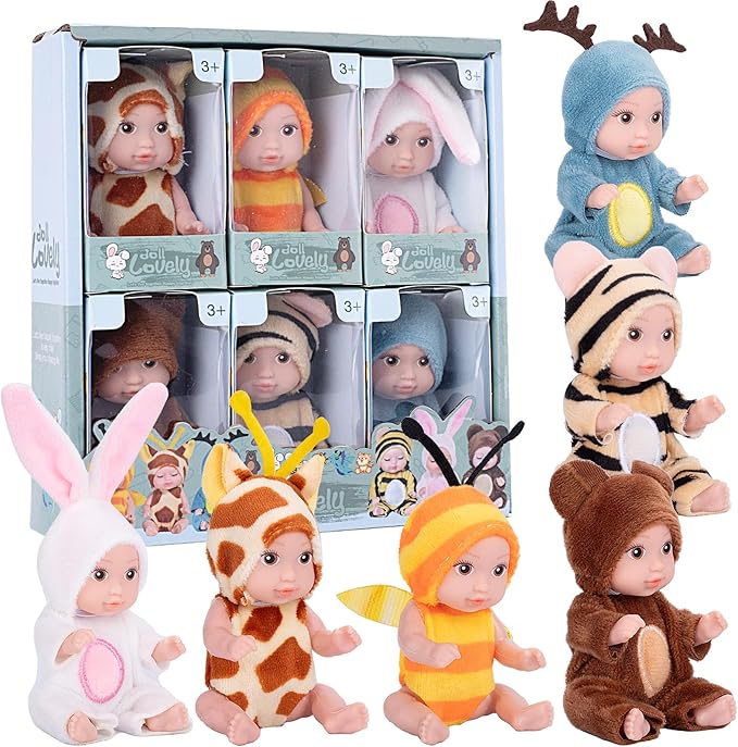 Vueos 6PCS 4inch Mini Dolls Set - Baby Doll with 6 Animal Outfits & Accessories, Reborn Baby Dolls for Kids Role Play, Perfect Birthday for Children Ages 3+