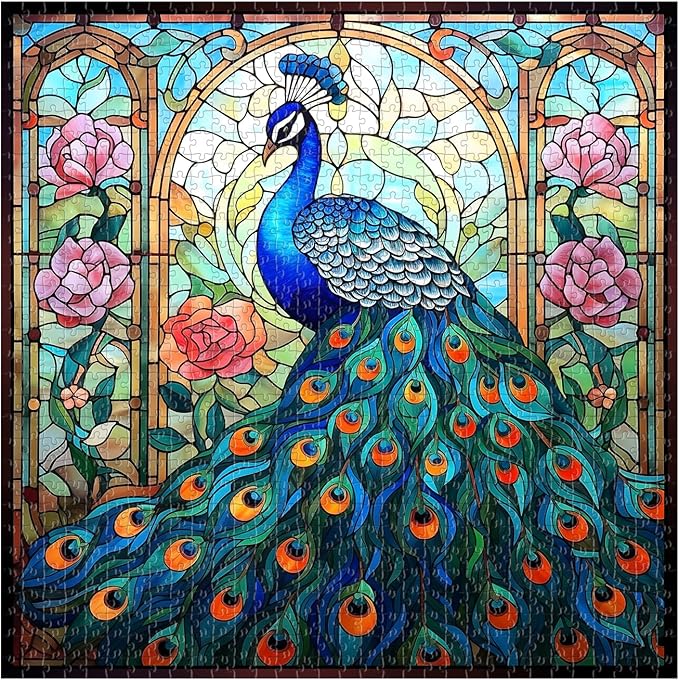 Stained Glass Peacock Puzzles for Adults 1000 Pieces, Vintage Bird Art Puzzle, Impossible Hard Challenging Jigsaw Puzzles for Adults, Colorful Peacock Garden Puzzle as Home Wall Decor