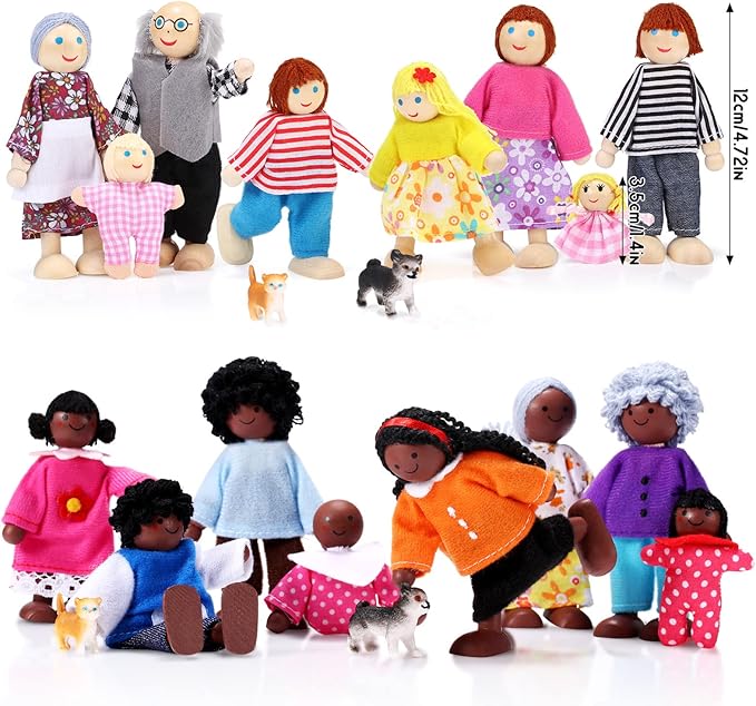 Skylety 20 Pcs Wooden Dollhouse Family Set of 16 Mini People Figures and 4 Pets, Wooden Dollhouse Dolls Cosplay Family Figures Accessories for Pretend Toy(Cute Style)