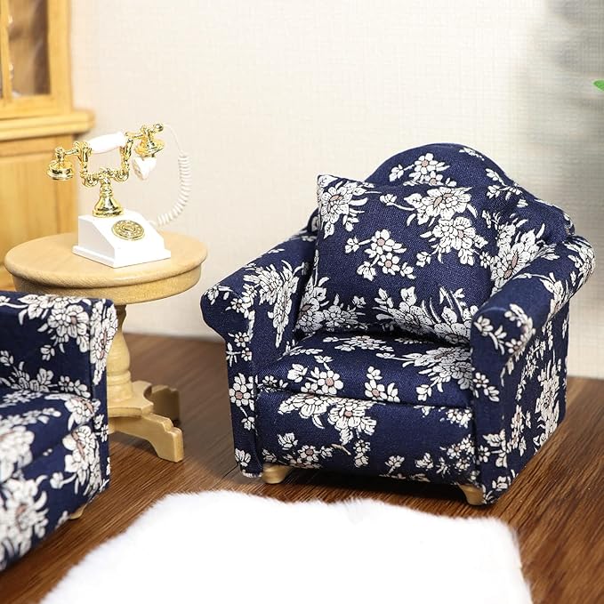 Dollhouse Couch with Pillow 1 12 Scale Miniature Sofa Arm Chair Living Room Furniture Wooden Fabric Frame Single Reading Chair Artificial House Room Scene Decoration (Blue)