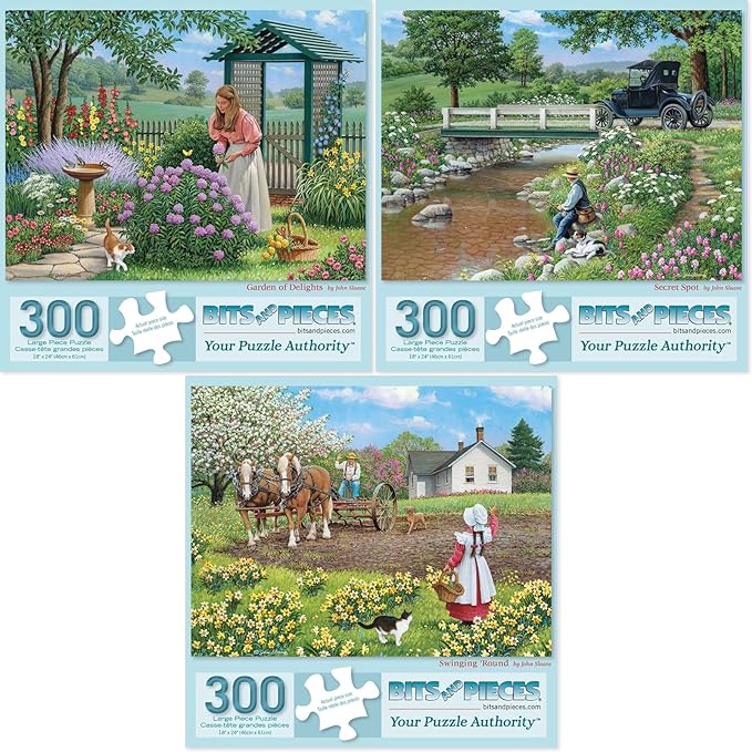 Bits and Pieces - Value Set of Three (3) - 300 Piece Jigsaw Puzzles for Adults - Large Piece 300 pc Classic Gardens Jigsaws Bundle by Artist John Sloane - 18” x 24”