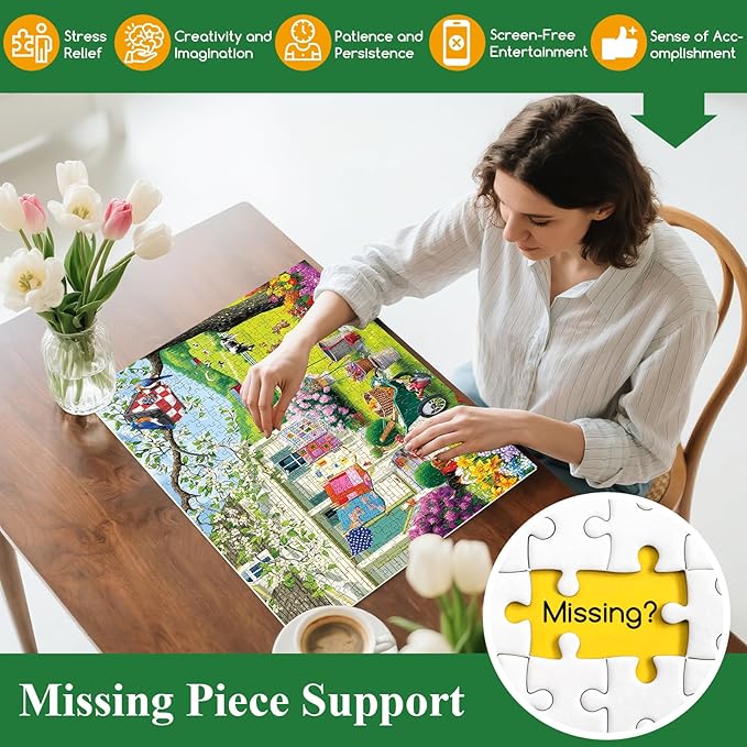 Puzzles for Adults 500 Pieces - Buzy Spring Backyard Jigsaw Puzzle, Farm Quilts Garden Cabin Puzzle, with Birdhouse,Plants and Dog for Teens 14-16, Impossible Puzzle Perfect for Game Nights 20.5x15 in