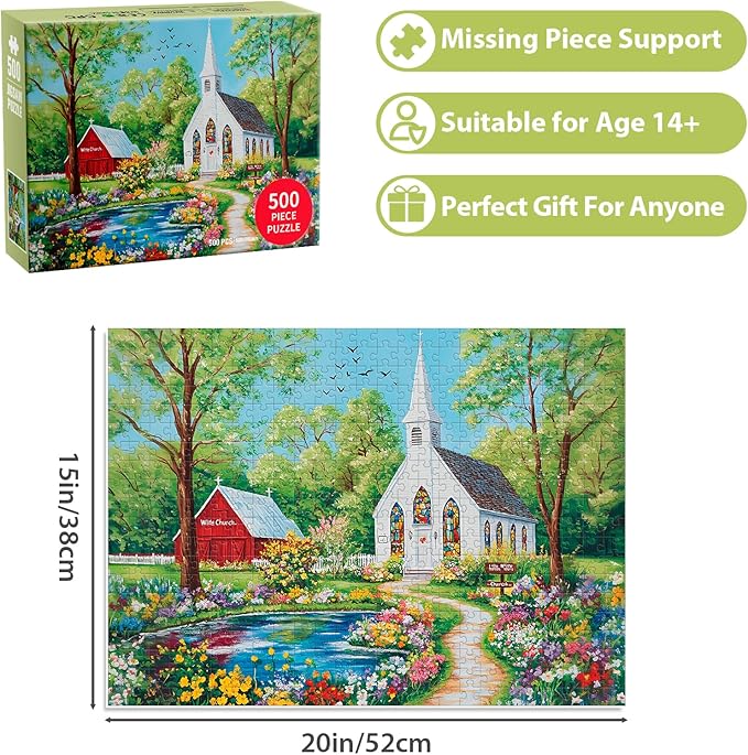 500 Pieces Jigsaw Puzzles for Adults, Spring Chursh Puzzle for Adults Seniors, Recycled Paper Puzzle 500 Pieces, NO Dust, Colorful Challenging Puzzle Family Game Gift for Friends (20.5x15in)