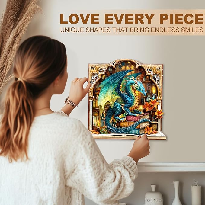 Wooden Puzzles for Adults, Bookcase Dragon Jigsaw Puzzles, 300 Piece Unique Shaped Puzzle, Animal Theme Shape Puzzle, Gifts for Adults/Friends/Family, Family Game，Wall Decor(13.2 * 12.9in)