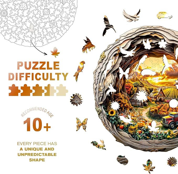 Wooden Jigsaw Puzzles, Autumn Farm Wooden Puzzles for Adults with Unique Shape, Birthday Gifts for Adults Family Game,11.4"x11.4"-200pcs