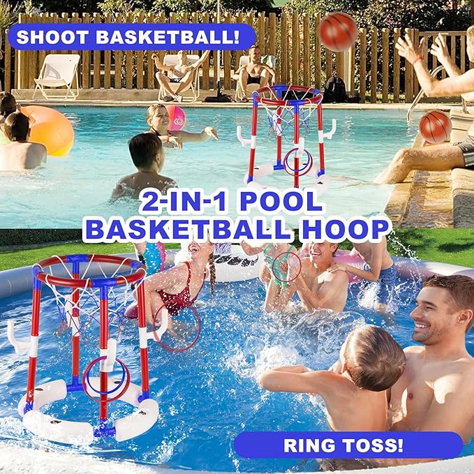 2-in-1 Floating Pool Basketball Hoop with 4 Balls, 6 Rings & Pump, Stable Water Basketball Hoop & Ring Toss Pool Games for Ages 4-8, 8-12, Summer Party Fun & Outdoor Indoor Family Pool Toys