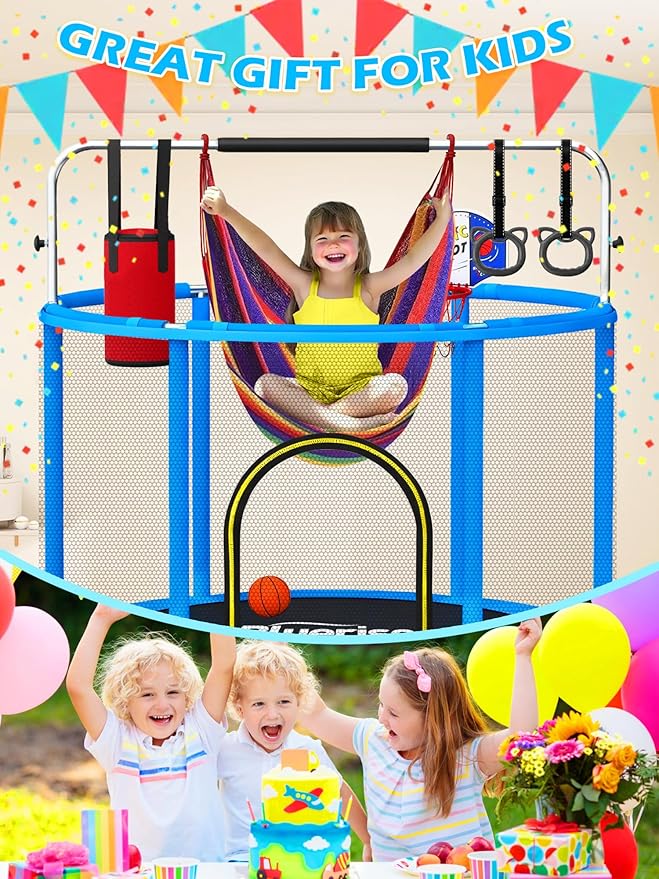 BLUERISE 55IN 6FT Toddler Trampoline for Kids Indoor Outdoor Play for Kids Trampoline Basketball Hoop Attachment with Enclosure Net Easy to Assemble