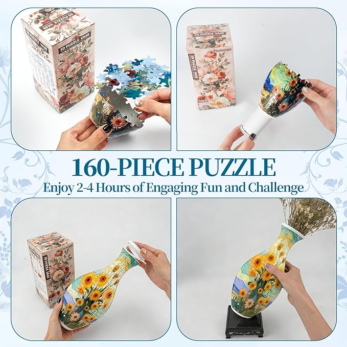3D Puzzles Vase for Adults, Crafts for Adults, 160 Pieces Plastic DIY Unique Flower Vase with LED Light House Warming Gift Birthday Gifts for Flower Arrangements and Home Decor (Sunflowers)