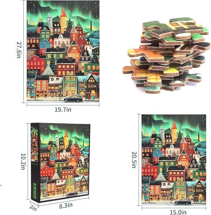 1000 Pieces Puzzle for Adults, Aurora Town Building Jigsaw Puzzles with Different Graphic Partitions on Back, Precisely Cut 27.6''x19.7''(Building)