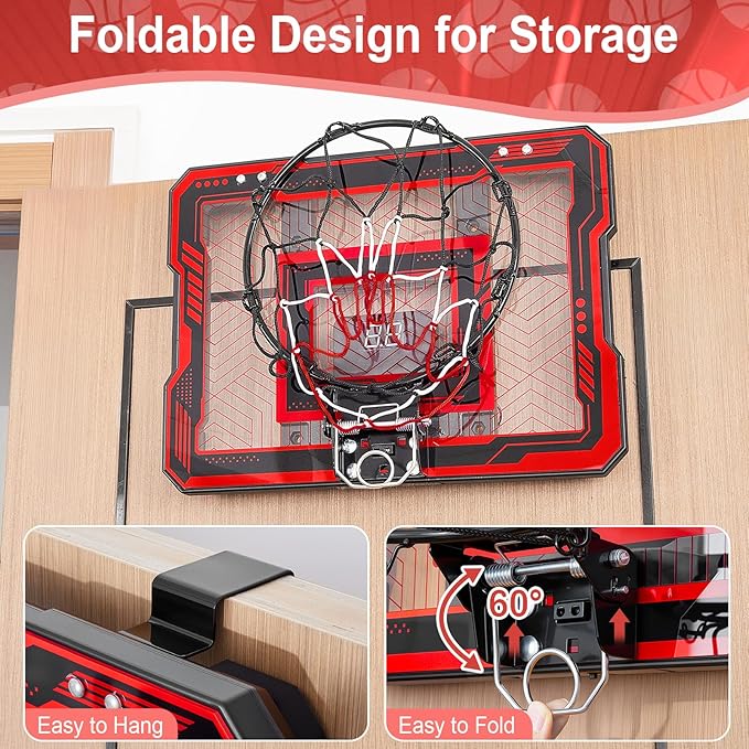FIODAY Indoor Mini Basketball Hoop, Over The Door Basketball Hoop with LED Lights/Scoreboard/4 Balls, Upgraded Reinforced Backboard Frame, Basket Ball Toys Gift for Kids Ages 3-5-12+ Boys Girls