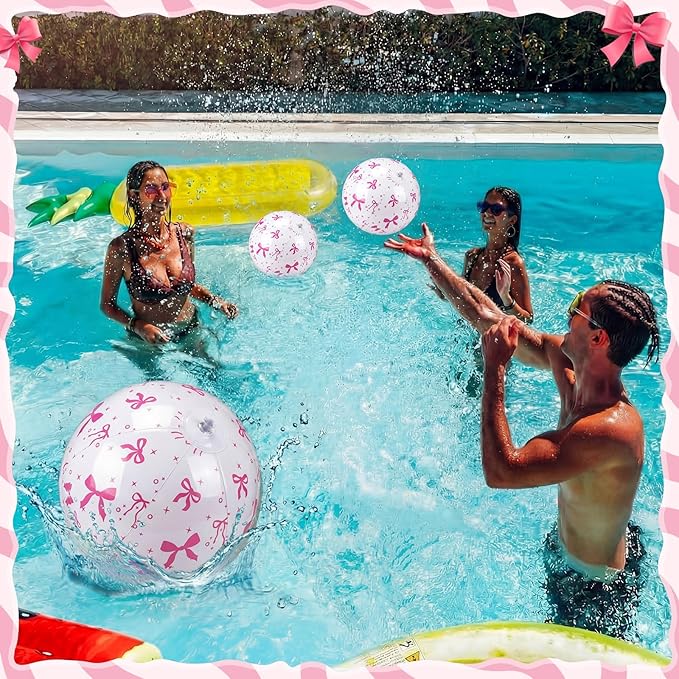 Civaner 12 Pcs Pink Bow Beach Ball 7.87 Inches Inflatable Beach Ball for Bow Party Favors Summer Swimming Pool and Beaches Game Coquette Gifts for Pink Themed Birthday Party