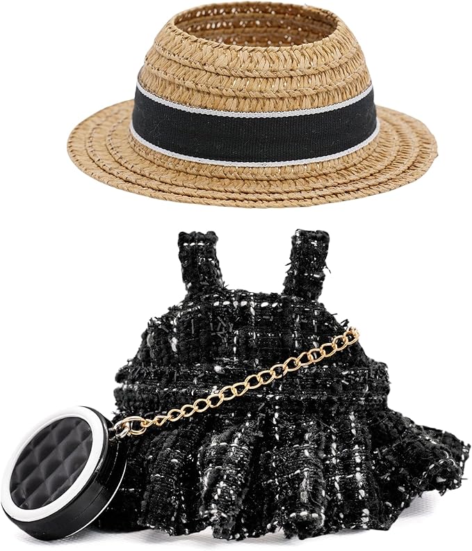 Doll Clothes for 17cm Dolls, Premium Handmade with Luxury Chic Style Set 3 Piece Set Including a Clothes, Black Bag and Straw Hat, - High-End Dolls Accessories for Play & Display for Play & Display