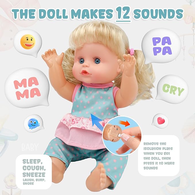 SMILESSKIDDO Baby Doll, 12 inch Interactive Talking Doll with Hair, Bottle, Soft Vinyl Body and Other Accessories, Realistic 12 Sound Modes & Pee Function – Perfect Pretend Play Toy for Toddlers