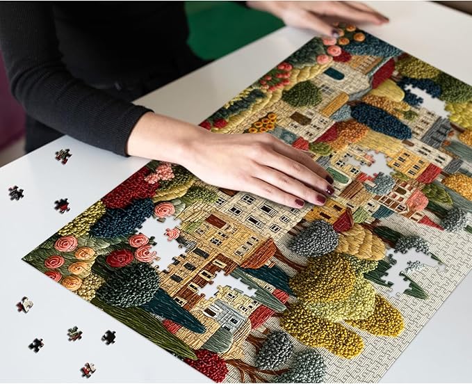 Embroidery Village Jigsaw Puzzle 1000 Pieces, Patchwork Country House Puzzles for Adults Trees, Larkipuzz Impossible Quilting Plants Puzzles for Wall Decor