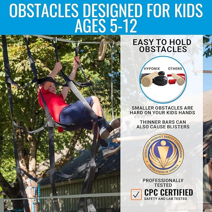 Hyponix Ninja Warrior Obstacle Course for Kids – 2 x 50 ft Slackline with 10 Outdoor Ninja Obstacles, Supports 880lbs – Monkey Net, Ratchet-Tight Tech, Climbing, Swinging & Balance Training, Ages 3+