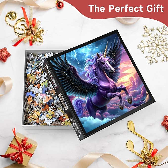 Majestic Purple Winged Unicorn 1000 Piece Jigsaw Puzzle for Adults - Fantasy Pegasus with Golden Horn & Storm Sky, Poster & Lettered Back, 22.8" Square HD Quality, Gift for Unicorn Lovers