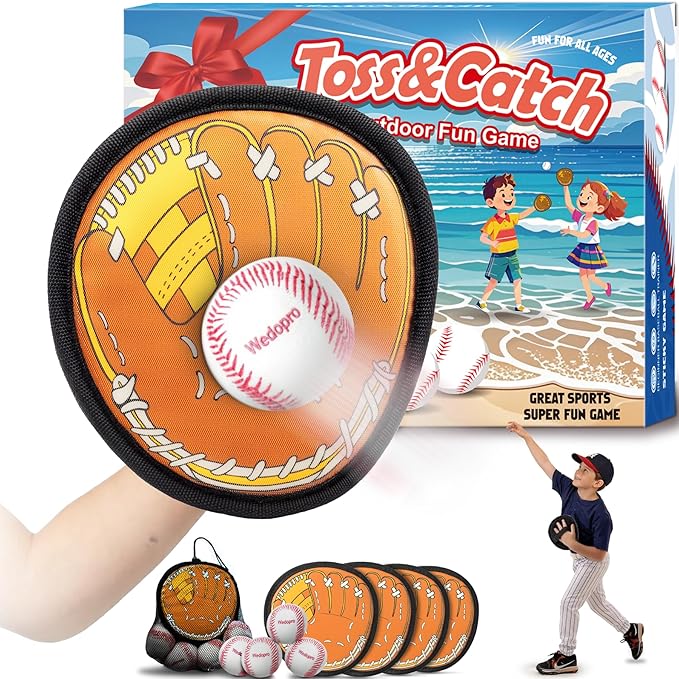 Toss and Catch Ball Game, Kids Toddler Baseball Glove & Catch Ball Toys, Kids Outdoor Games for Family, Toys for Beach Pool Yard Outside, Birthday Gift for Ages 3 4 5 6 7 8-12 (Brown 4 Pcak)