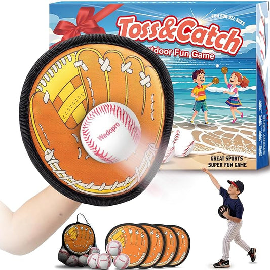 Toss and Catch Ball Game, Kids Toddler Baseball Glove & Catch Ball Toys, Kids Outdoor Games for Family, Toys for Beach Pool Yard Outside, Birthday Gift for Ages 3 4 5 6 7 8-12 (Brown 4 Pcak)