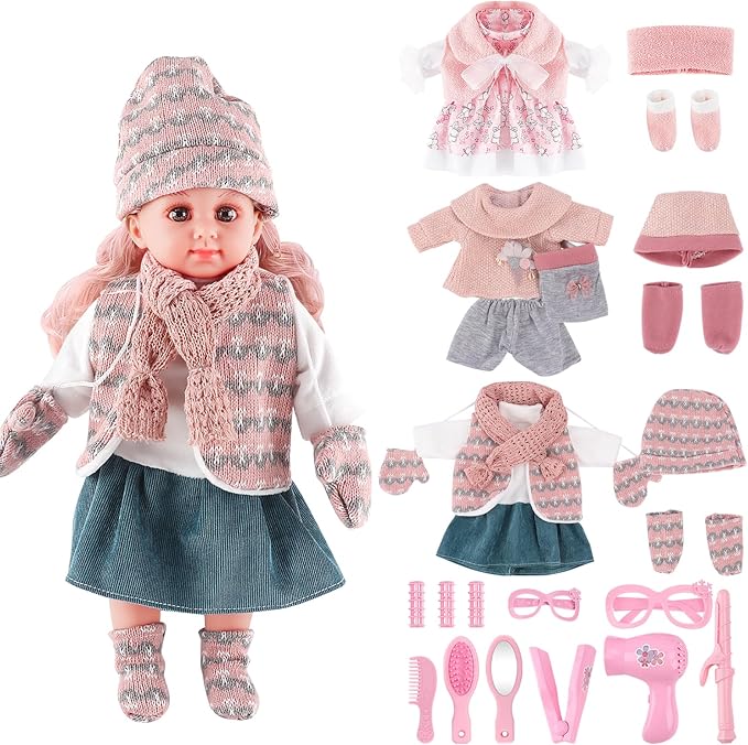deAO Baby Doll Play Set 14 Inch Baby Doll with 3 Clothes and Accessories Girl Doll Dress Up Sets,Gift for Birthdays and Christmas L