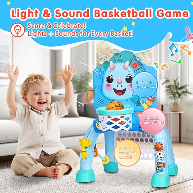 Toddler Basketball Hoop&Soccer Goal,Toys for 1 2 3 Year Old Boys,1+ Year Old Boy Gift 1st Birthday Chirstmas,Dinosaur Baby Sports Toy with Light Sound Music,12-18 Months Baby Activity Center