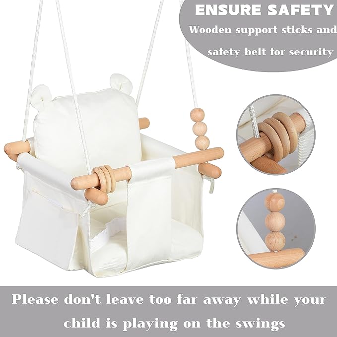 Canvas Baby Swing Seat Wooden Baby Hanging Swing Door Swing Baby Toddler Cream Indoor Baby swingSwing with Safety Belt and 2 Side Pockets for Indoor Playground Sport & Outdoor Play Toys