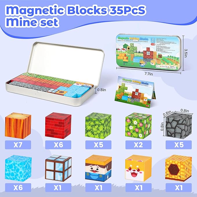 Mini Magnetic Blocks Travel Set, 35PCS Magnetic Blocks Travel Toys for Kids Ages 3-5 4-8, Portable Magnet Cubes Preschool Learning Toys with Portable Iron Storage Box Christmas Birthday