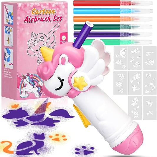 Unicorn Marker Airbrush Spray Art Kit, Art Supplies for Kids Ages 8-12, Unicorn Toys for Girls Age 4-6, Craft Kits Paint with 5 Washable Markers&8 Stencils, Birthday Holiday Easter for Kids, Girls