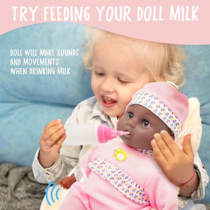 Toy Choi's Interactive Baby Doll Pink - 16 Inch Crying Talking Feeding Dolls with Different Sounds and Accessories, Pretend Play Preschool Toys for 2 3 4 5+ Year Old Girls Boys Gift, Black Doll