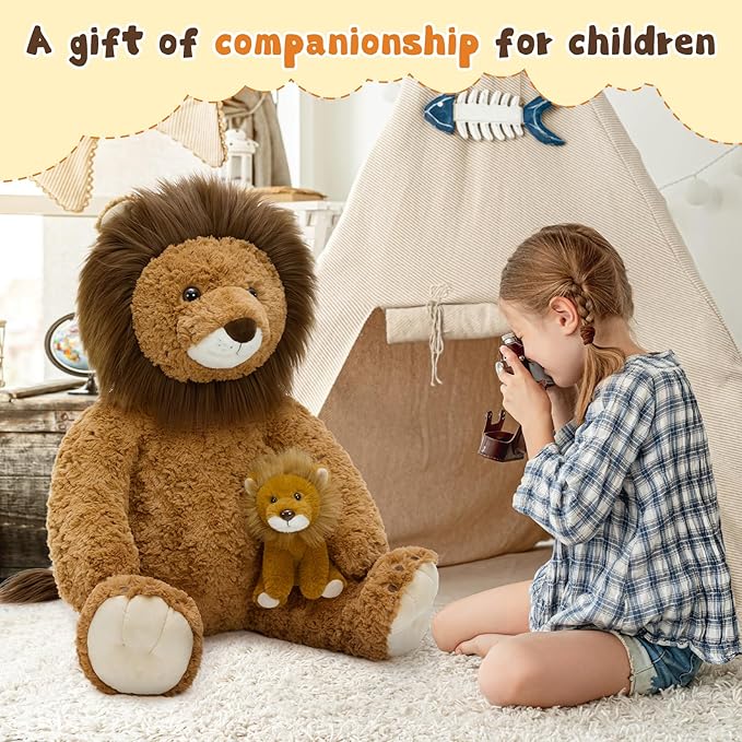 Tezituor Giant Lion Stuffed Animal,2Pcs Large Lion Plush Toy,Cute Jumbo Cuddly Realistic Lions,39in Huge Big Fat Lion Plushie,Soft Oversized Cougar Stuffy,Kids Girls Birthday Valentines Easter Gifts