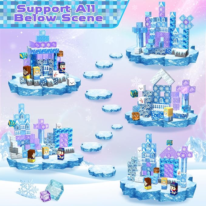 Magnetic Blocks - 100Pcs 0.8in Magnetic Building Block for Kids Ages 4-8, Transparent Magnet Block Blue Princess Castle, Magnet Cubes Tiles Princess Toy for Girl 3 4 5 6 7 8-12 Easter Birthday Gift