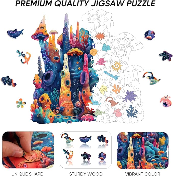 Qiuenisray Wooden Puzzles for Adults, Coral Ocean Jigsaw Puzzles 200 Pieces, FSC Certified Beautiful Wall Decor Puzzles, Unique Animal Shape Puzzle, Creative Gift for Adults Family Game 11 x 11.2 in