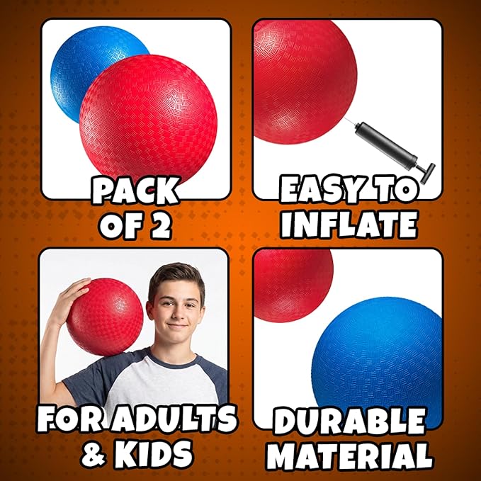10 Inch Red & Blue Kickball Set - (2-Pack) with Pump - Large Playground Balls for Kids, Teens & Adults - Indoor & Outdoor Gym Sports Balls for Kickball, PE, Recess, Four Square & Backyard Games